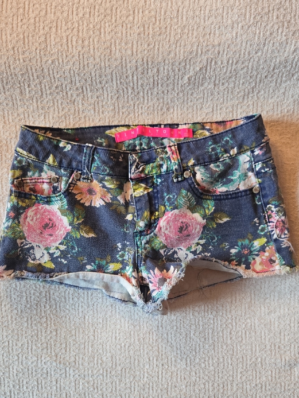 Tinseltown Navy Floral Denim Cutoff Shorts with Pink Roses